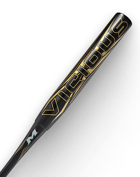 Black baseball bat with gold VICIOUS text on the barrel and an M near the handle.